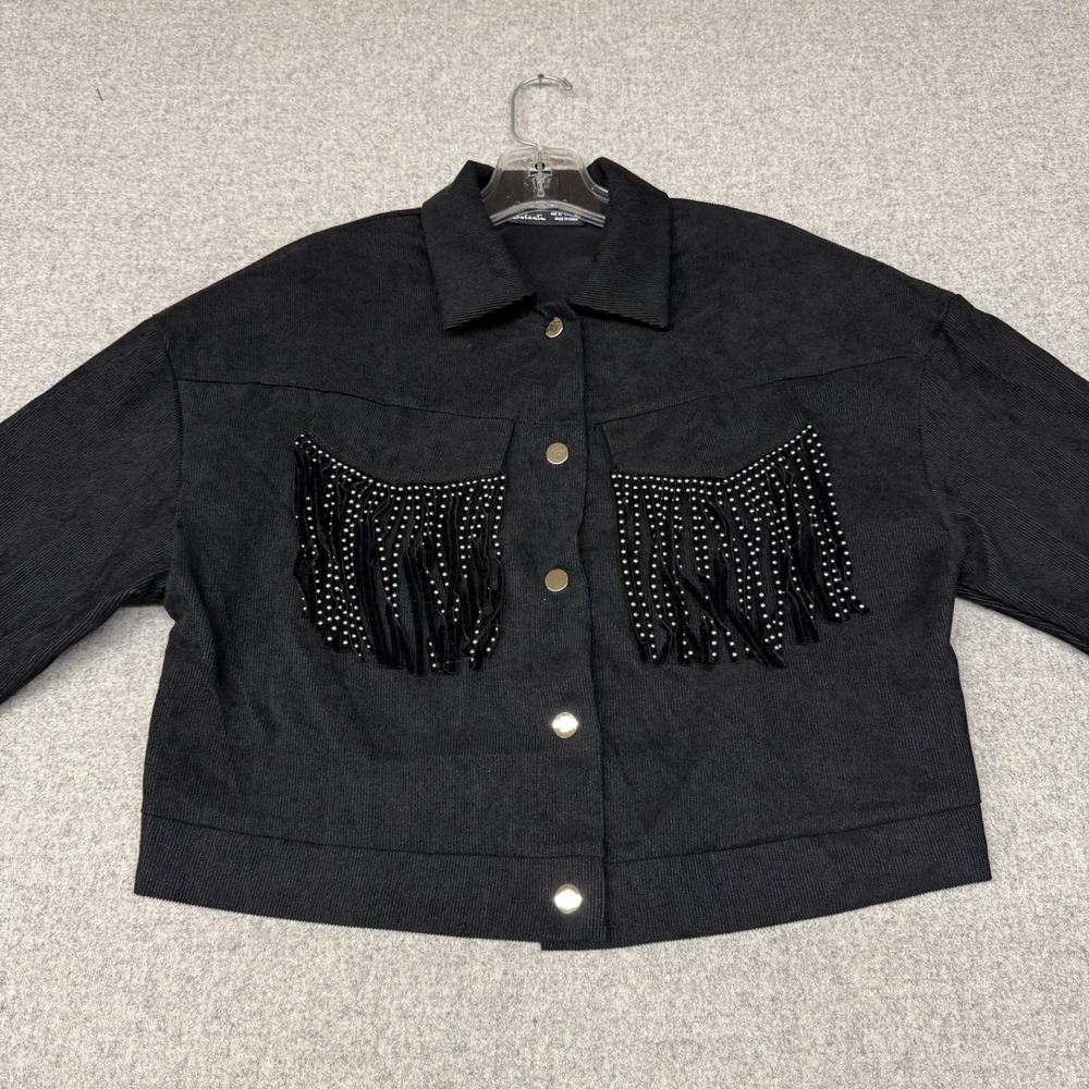 Salanta Corduroy Fringe Shirt Jacket XS Black Studded Western Cropped Shacket
